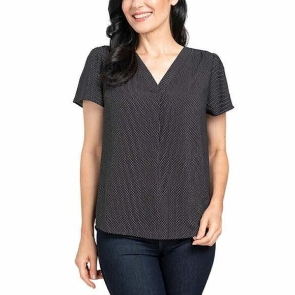 *2/$25* Hilary Radley Women's Black Polka Dot V-Neck Blouse - Picture 1 of 3